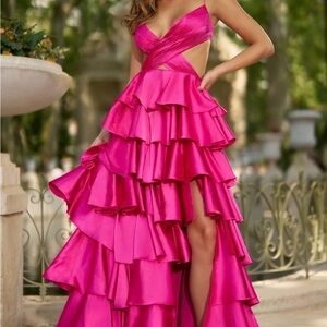 Sherri Hill Vibrant Pink Backless Ruffled Dress